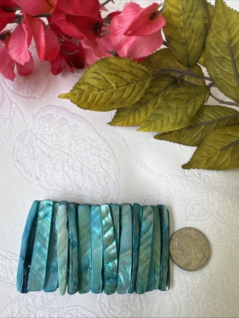 Blue Abalone Or Mother of Pearl 2" Wide Tropical Coastal Stretch Bracelet